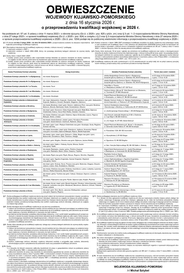 Obwieszczenie Wojewody Kujawsko-Pomorskiego o przeprowadzeniu kwalifikacji wojskowej w 2026 r.